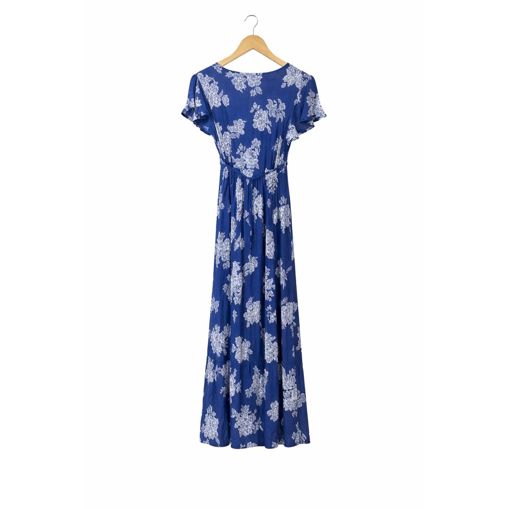 Lulus Blue White Floral Maxi Dress V-Neck Flutter Sleeve Boho Tiered Medium - Picture 2 of 4